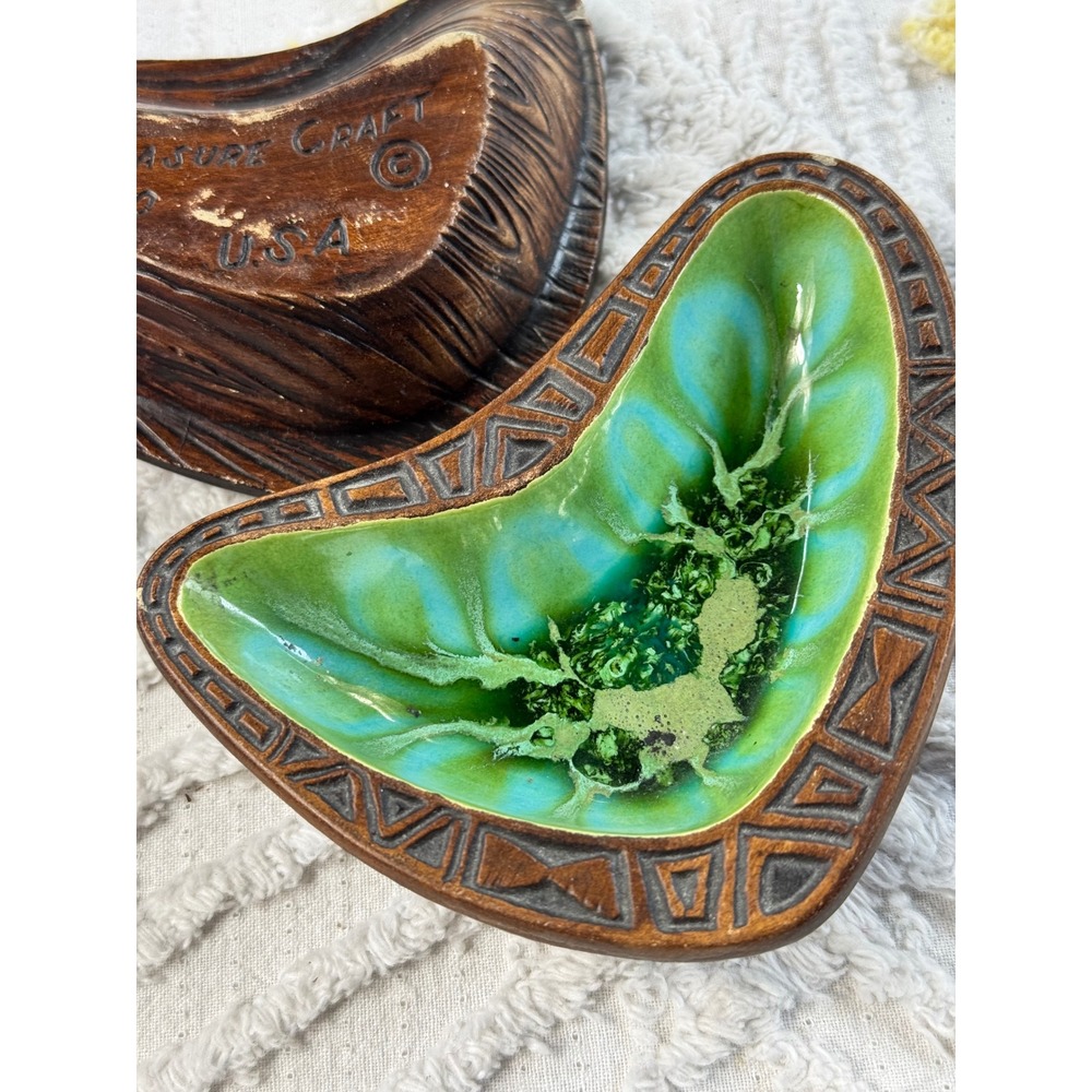 Vintage Treasure Craft USA Boomerang Trinket Dish Set 1960s Green Drip Glaze MCM - Picture 7 of 7
